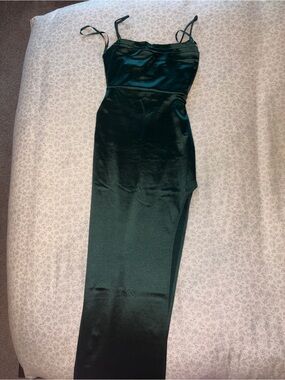 Windsor Elegant Forest Green Satin Slip Dress with Spaghetti Straps
